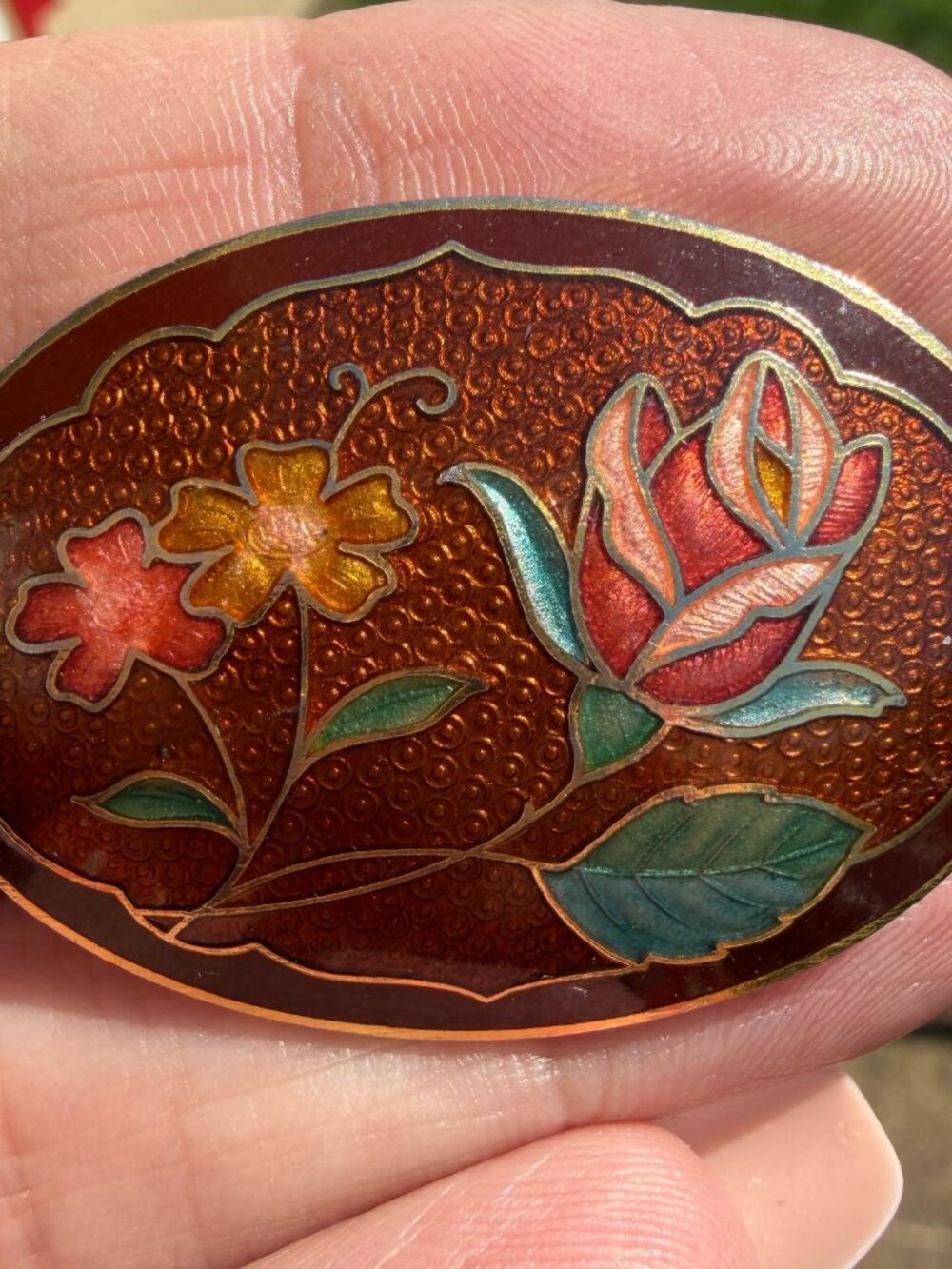 Cloisonne Rose Flowers Vintage Scarf Clip Enameled Floral Gold Tone Metal